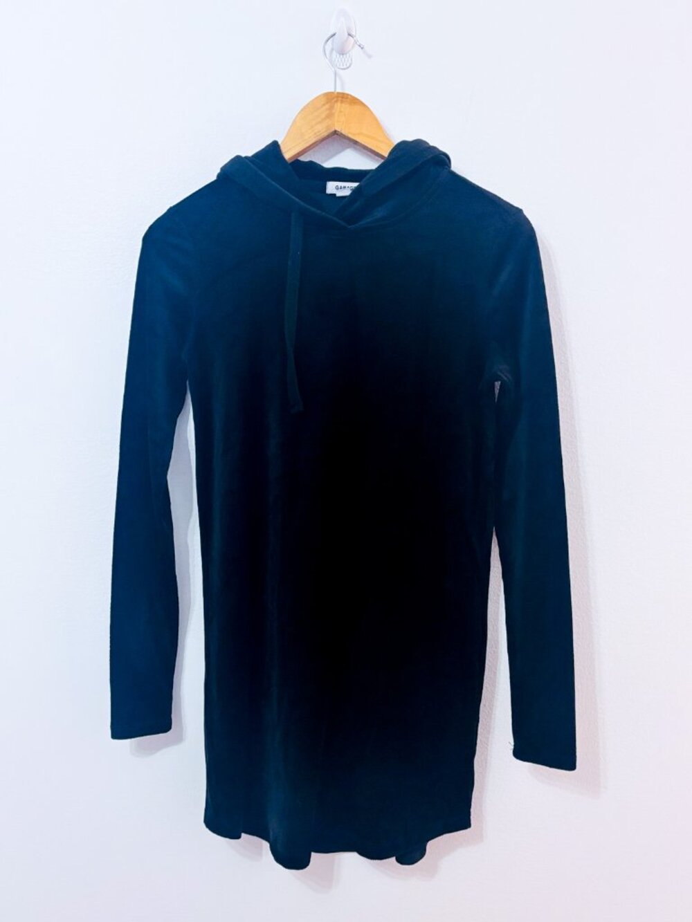 GARAGE Black Velvet Hooded Dress | Soft Stretch Casual | X-Small